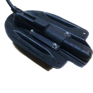 A sleek black transducer, snug in its robust housing, is hooked up to the Raymarine Ready Transducer Mount (perfect for your Hobie® ride). Check out that coiled cable extending from the top—ready to reel in some serious data!.
