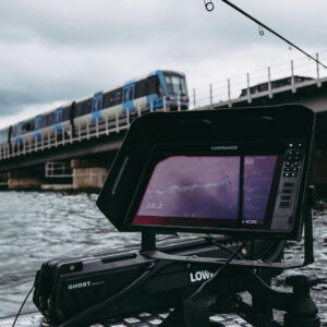 Lowrance GPS fish finder with protective visor installed