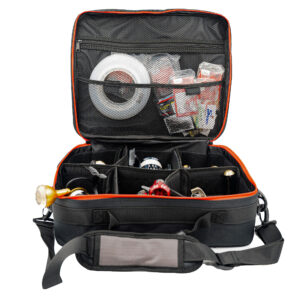 Meet the Catch 6 Compartment Reel Bag, your ultimate companion in sleek black. Flip open the lid and marvel as it showcases your plumbing arsenal—wrenches and fittings all organized to perfection in its multiple compartments. Need a spot for those smaller essentials? The zippered pockets have got you covered, ensuring nothing gets lost on the job.