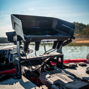 Check out the Bow Mount Bro fish finder, expertly locked and loaded on your ride. This setup screams precision with its tidy cable layout and slick electronics that compliment any boat. Imagine this beauty in action against the backdrop of a peaceful lake flanked by rich, green trees—absolute bliss for serious anglers!.
