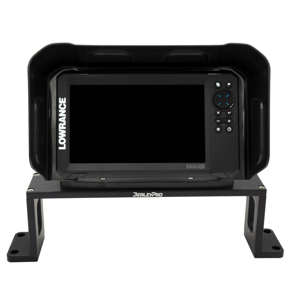 Check it out, mate! Our Bow Mount Bro has got your back with a sleek black Lowrance electronic device strapped securely to the front of your rig. Enclosed in our rugged protective housing, this setup is ready to tackle whatever adventure you throw its way. Perfect for those who crave reliability and style on the open water!.