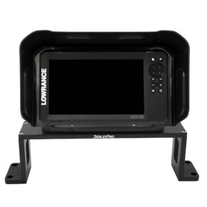 Check it out, mate! Our Bow Mount Bro has got your back with a sleek black Lowrance electronic device strapped securely to the front of your rig. Enclosed in our rugged protective housing, this setup is ready to tackle whatever adventure you throw its way. Perfect for those who crave reliability and style on the open water!.