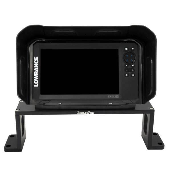 Check it out, mate! Our Bow Mount Bro has got your back with a sleek black Lowrance electronic device strapped securely to the front of your rig. Enclosed in our rugged protective housing, this setup is ready to tackle whatever adventure you throw its way. Perfect for those who crave reliability and style on the open water!.