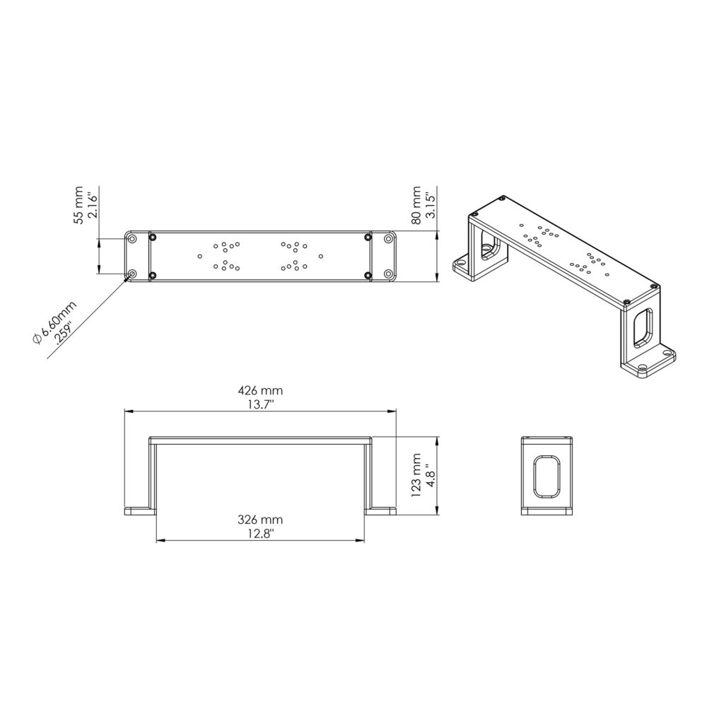 Bow Mount Bro 3 Introducing the detailed technical drawing for our Bow Mount Bro rectangular metal bracket! Featuring precise dimensions in both millimeters and inches, this diagram provides you with top-notch top, front, and side views. Get a comprehensive look at the specs and ensure a perfect fit for your setup with this essential guide straight from BerleyPro’s workshop.