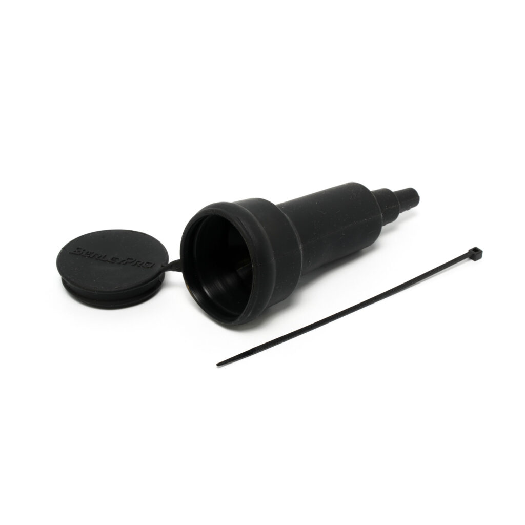 Introducing the Connector Protector! This sleek, black automotive fluid transfer funnel comes complete with its own cap and a cleverly secured connector held in place by a handy cable tie. All of this is showcased against a clean, white backdrop to highlight its functionality and style.