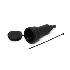 Introducing the Connector Protector! This sleek, black automotive fluid transfer funnel comes complete with its own cap and a cleverly secured connector held in place by a handy cable tie. All of this is showcased against a clean, white backdrop to highlight its functionality and style.