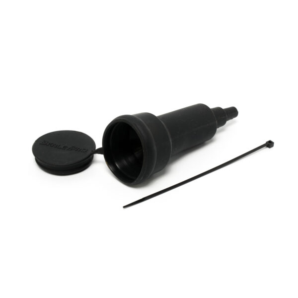 Introducing the Connector Protector! This sleek, black automotive fluid transfer funnel comes complete with its own cap and a cleverly secured connector held in place by a handy cable tie. All of this is showcased against a clean, white backdrop to highlight its functionality and style.