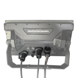 On the backside of your Humminbird marine electronic device, you'll spot those essential cables snuggly joined up, a rock-solid connector in place, and everything perched on a tough mounting bracket. And yep, it's all safeguarded by our ultra-durable Connector Protector—keeping your setup as sleek and secure as it gets!.
