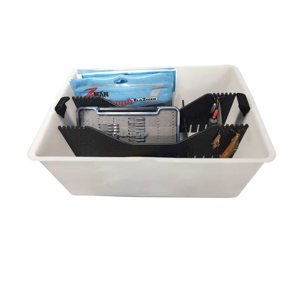 The Rectangular Bucket Organizer (compatible with Hobie®) is your go-to gear stash! Decked out in sleek white, this storage box keeps your fishing essentials neat and ready for action. Inside, you’ll find a clear container packed with lures, black organizers to sort everything just right, and all the plastic packaging stashed away. Get ready to elevate your angling game with organized style!.