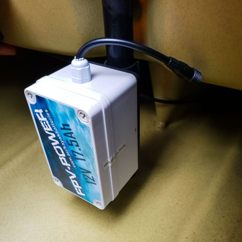Check out the white FPV Lithium Battery Hobie Mast Mount! This baby keeps your 12V battery pack snugly tethered to your cable, ensuring reliable power against any metallic surface. Tough, reliable, and ready for action—just like all of our gear.