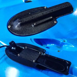 Get ready to dive into smooth sailing with the Lowrance Triple Shot Transducer Mount, specially designed for Hobie kayaks! Feast your eyes on our sleek black bracket against that striking blue surface. It's all about seamless integration with your Lowrance system—complete with screws and cable ready to roll. Perfect precision meets solid style right here!.