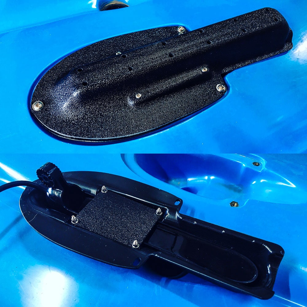 Get ready to dive into smooth sailing with the Lowrance Triple Shot Transducer Mount, specially designed for Hobie kayaks! Feast your eyes on our sleek black bracket against that striking blue surface. It's all about seamless integration with your Lowrance system—complete with screws and cable ready to roll. Perfect precision meets solid style right here!.