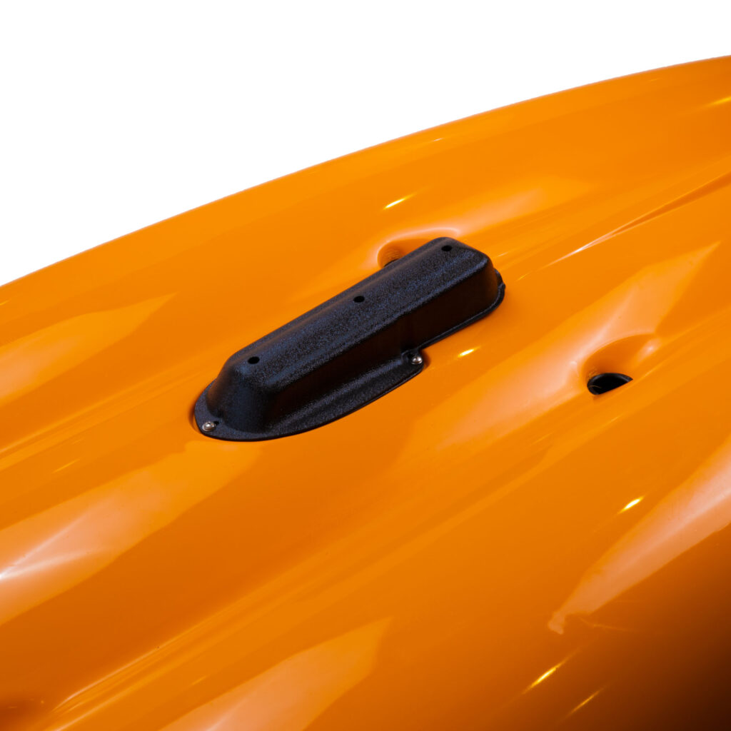 Take a closer look at the vibrant orange BerleyPro Lowrance TotalScan kayak hull, where every detail pops with precision! From the sleek black handle to the meticulously crafted drain plug, this setup delivers an impressive view that's as sharp and detailed as SideScan technology itself.