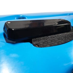 Get ready to elevate your fishing game with a close-up of the sleek, black Humminbird XM 9 HW MSI Ready Transducer Mount. Designed to seamlessly fit your Hobie®, this piece of gear is raring to hit the water on a bold blue backdrop. It's time to unleash precision and performance!.