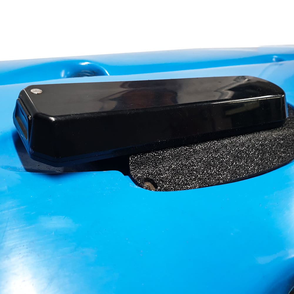 Get ready to elevate your fishing game with a close-up of the sleek, black Humminbird XM 9 HW MSI Ready Transducer Mount. Designed to seamlessly fit your Hobie®, this piece of gear is raring to hit the water on a bold blue backdrop. It's time to unleash precision and performance!.