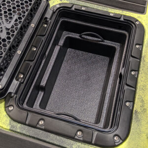 Introducing the Bucket Bro (Suits Hobie®) – your ultimate storage solution with that rugged BerleyPro flair! This open rectangular black storage hatch screams functionality with its textured compartments, perfectly designed to stash your gear in style. Framed in sleek black and accented by robust metal screws, the Bucket Bro is as tough as it looks, making it perfect for all your adventures on water or land.