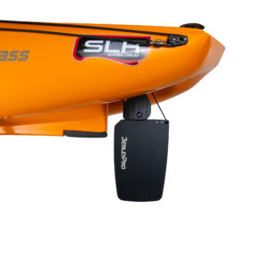 Feast your eyes on this beauty—a stunning close-up of a vibrant orange kayak sporting the legendary black rudder known as "The Brudder." And, because we love adding that extra touch, there's an "SLH" sticker proudly displayed on the side. This setup isn’t just for show—it's built for performance and turning heads wherever it goes!.