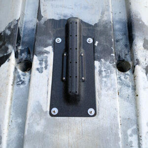Check out the BerleyPro Vibe Lowrance Tripleshot Sidescan Transducer Mount. It's got that rugged industrial look nailed down with a sleek black metal bracket and bolts, all set against a cool, weathered gray textured background. This bad boy doesn't just perform; it looks the part too!.