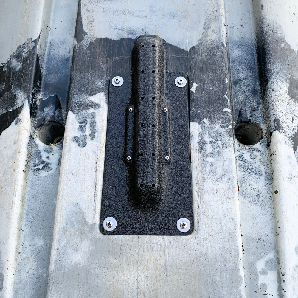 Check out the BerleyPro Vibe Lowrance Tripleshot Sidescan Transducer Mount. It's got that rugged industrial look nailed down with a sleek black metal bracket and bolts, all set against a cool, weathered gray textured background. This bad boy doesn't just perform; it looks the part too!.