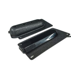 Laid out on a crisp white backdrop are two sleek BerleyPro Vibe Humminbird XM9 MSI Transducer Mounts. These black beauties boast glossy surfaces and carefully engineered hollow sections, with precisely positioned holes that showcase their expert craftsmanship. Perfectly designed to enhance your fishing experience, these mounts lie ready to take your gear to the next level.