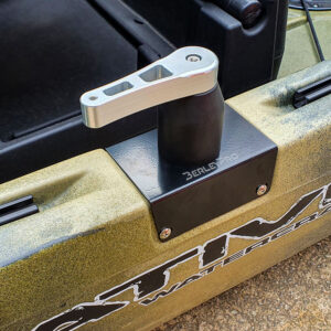 Experience the precision close-up: featuring the sleek silver and black lines of our expertly crafted mount attached to a kayak. Check out the finely engraved brand name that says it all – "Native Watercraft Titan 13.5 Aluminium Upgraded Steering Handle and Bush." It's not just an upgrade; it's a statement on the water.