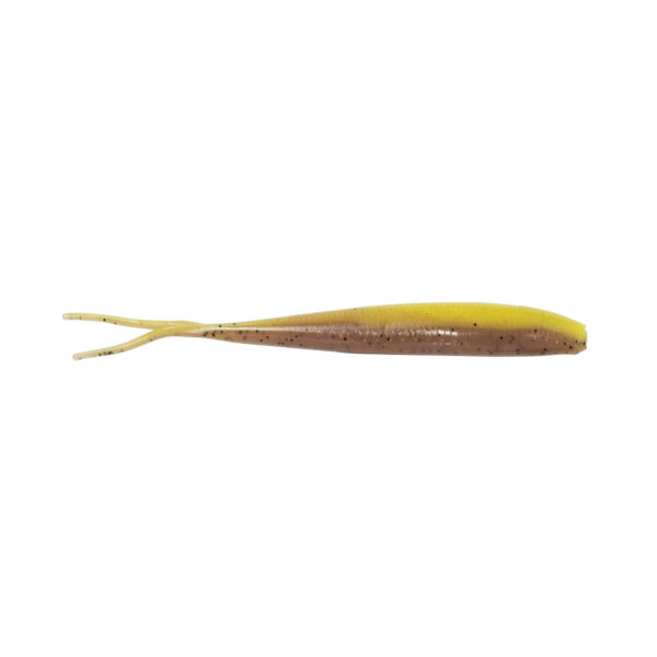 Check out this Black Label Livies Jerkshad—soft plastic perfection! Rocking a slick brown and yellow body with twin whippy tails, this lure is begging to get chomped. Shown here in all its glory on a crisp white background—ready to join your arsenal and stir some serious fishy interest!.