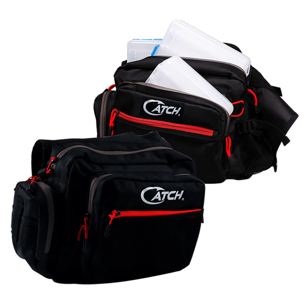 Introducing the Catch 3 Compartment Tackle Shoulder Bags—where functionality meets style with a splash of adventure! Sporting a sleek black design accented with striking red zippers, these bags proudly display the iconic "Catch" logo. Each bag is thoughtfully crafted to offer multiple compartments, including three specifically tailored sections complete with white plastic cases, ensuring your tackle is organized and ready for action. Perfect for anglers who demand both flair and practicality on their expeditions!.