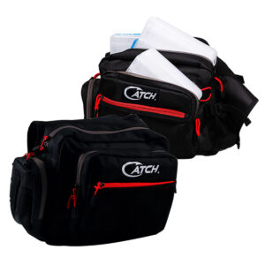 Introducing the Catch 3 Compartment Tackle Shoulder Bags—where functionality meets style with a splash of adventure! Sporting a sleek black design accented with striking red zippers, these bags proudly display the iconic "Catch" logo. Each bag is thoughtfully crafted to offer multiple compartments, including three specifically tailored sections complete with white plastic cases, ensuring your tackle is organized and ready for action. Perfect for anglers who demand both flair and practicality on their expeditions!.