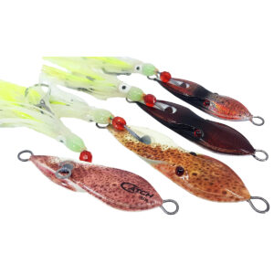 Hook up for an unforgettable fishing journey with our top-tier arsenal of lures! Dive into action with the Catch Boss Squid Inchiku Jig and four other sensational choices, each dazzling in a vibrant symphony of brown, red, and green. These bad boys come loaded with intricate details – sharp hooks and eye-catching tassels – all crafted to amplify your angling prowess. Get ready to reel in the big ones and upgrade your game to legendary status!.