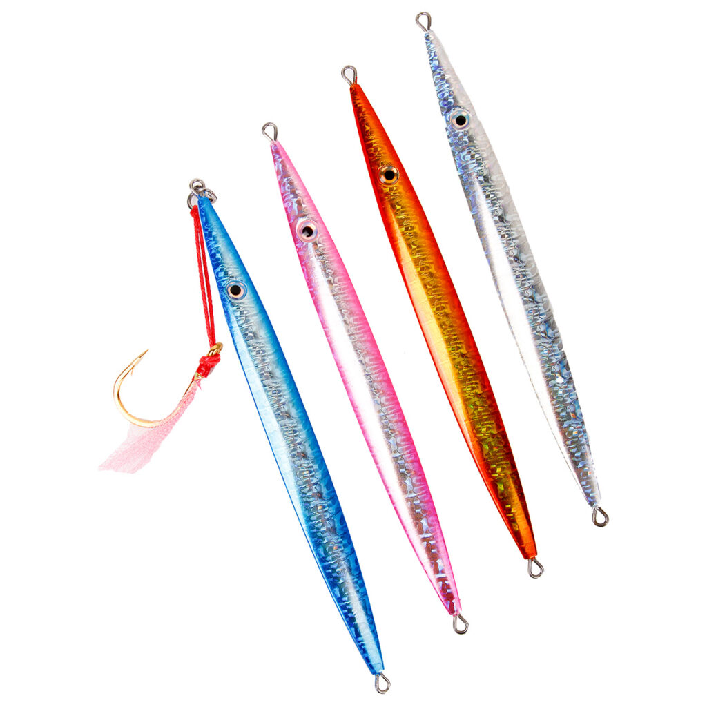Introducing the Catch Deep-V Slowpitch Jig set—a must-have for all you jigging aficionados out there! This killer pack includes four sleek lures, each decked out in stunning blue, pink, orange, and silver with a dazzling metallic finish. Ideal for those who crave precision and control while fishing. Trust us; these babies shimmer so enticingly beneath the waves that fish won't know what hit 'em!.