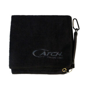 Introducing the ultimate companion for every roving angler: The Catch Fishing Towel in sleek black, boasting a refined gray embroidered "CATCH" logo. It’s not just a towel; it’s your new sidekick, equipped with a carabiner and retractable clip to keep you on the move without missing a catch.