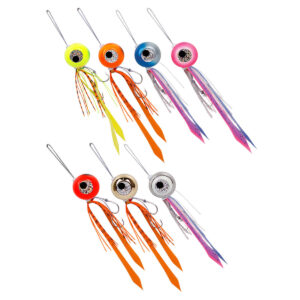 On display, we've got the Catch Freestyle Kabura Jig lures all lined up and looking sharp in two neat rows. These bad boys come equipped with sleek silver hooks and sport an array of lively tassels flaunting vibrant colors like orange, pink, and yellow—all set against a crisp white backdrop. Whether you're gearing up for your next fishing adventure or just admire top-notch tackle gear, these jigs are bound to catch your eye!.