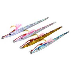 Check this out, folks! We've got a lineup that'll make any angler's heart race—four stunning iridescent fishing lures laid out like a proud peacock showing off its feathers. Front and center is the Catch Long John Slider Mechanical Jig, complete with sharp hooks and vibrant pink tassels that scream "bite me!" All elegantly arranged on a crisp white background to let those colors pop. Ready to up your fishing game? Dive in!.