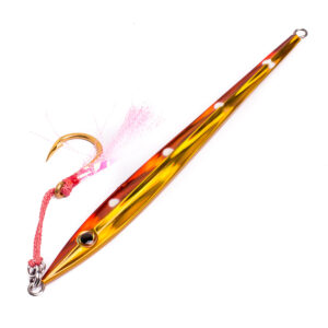 Meet the Catch Long John Slider Mechanical Jig – the ultimate fish attractor that's as clever as it is colorful! This beauty comes dressed to impress with a gleaming, gold body, playful white spots, and a vibrant pink feathery hook. All strategically crafted on a top-notch cord for landing those big catches with ease. Get ready to snag 'em like never before with this must-have lure in your tackle box!.