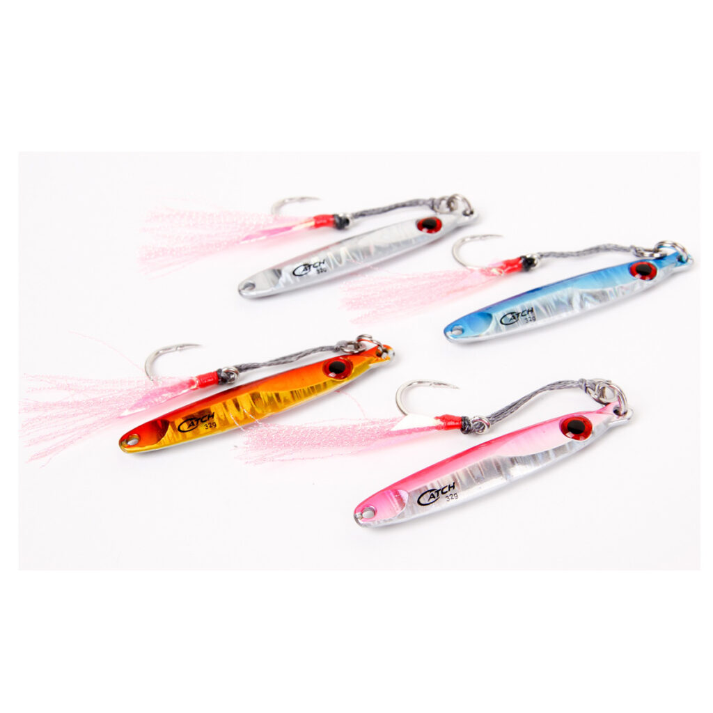 Feast your eyes on five dazzling fishing lures, crafted in the spirit of the Catch Pocket Rocket Tungsten Micro Jig. Each one boasts sharp hooks and rugged textured finishes, all set against a crisp white backdrop designed to draw in anglers from all corners.