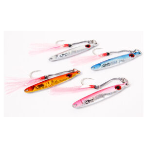 Feast your eyes on five dazzling fishing lures, crafted in the spirit of the Catch Pocket Rocket Tungsten Micro Jig. Each one boasts sharp hooks and rugged textured finishes, all set against a crisp white backdrop designed to draw in anglers from all corners.