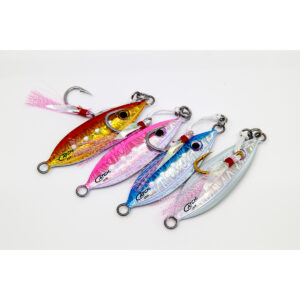 On a crisp white backdrop, four eye-popping "Catch The Boss" jigs line up, flaunting vibrant shades of red, pink, blue, and silver. Each jig comes equipped with hooks and eyelets that practically shout "come get me," making them irresistible to any angler looking to reel in the big ones.
