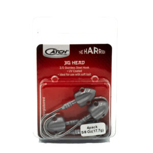 Introducing the ultimate catch enhancer: inside this transparent plastic package, you'll discover four precision-engineered 5/8 oz (17.7g) Harrier Jig Heads, UV coated to perfection for peak performance with soft baits. With its bold "Catch The Harrier Jig Heads" branding displayed prominently, finding your secret weapon has never been easier. Game on anglers – reel in success every time!.