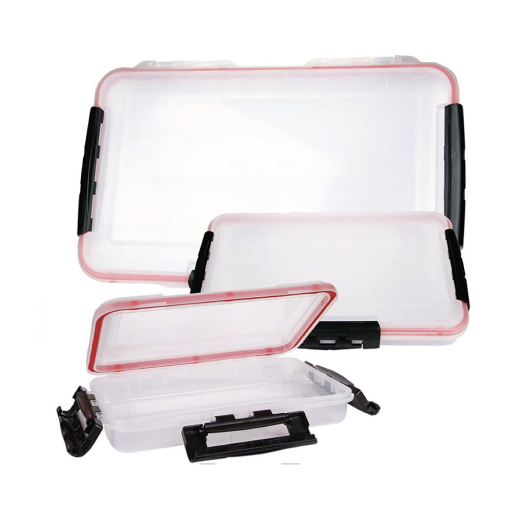 Check out these Three Catch Waterproof Tackleboxes! Featuring sleek black handles and bold red seals, one box is even shown open to reveal its spacious interior. Ideal for keeping your gear safe and organized, whether you're on the water or storing your tackle at home.
