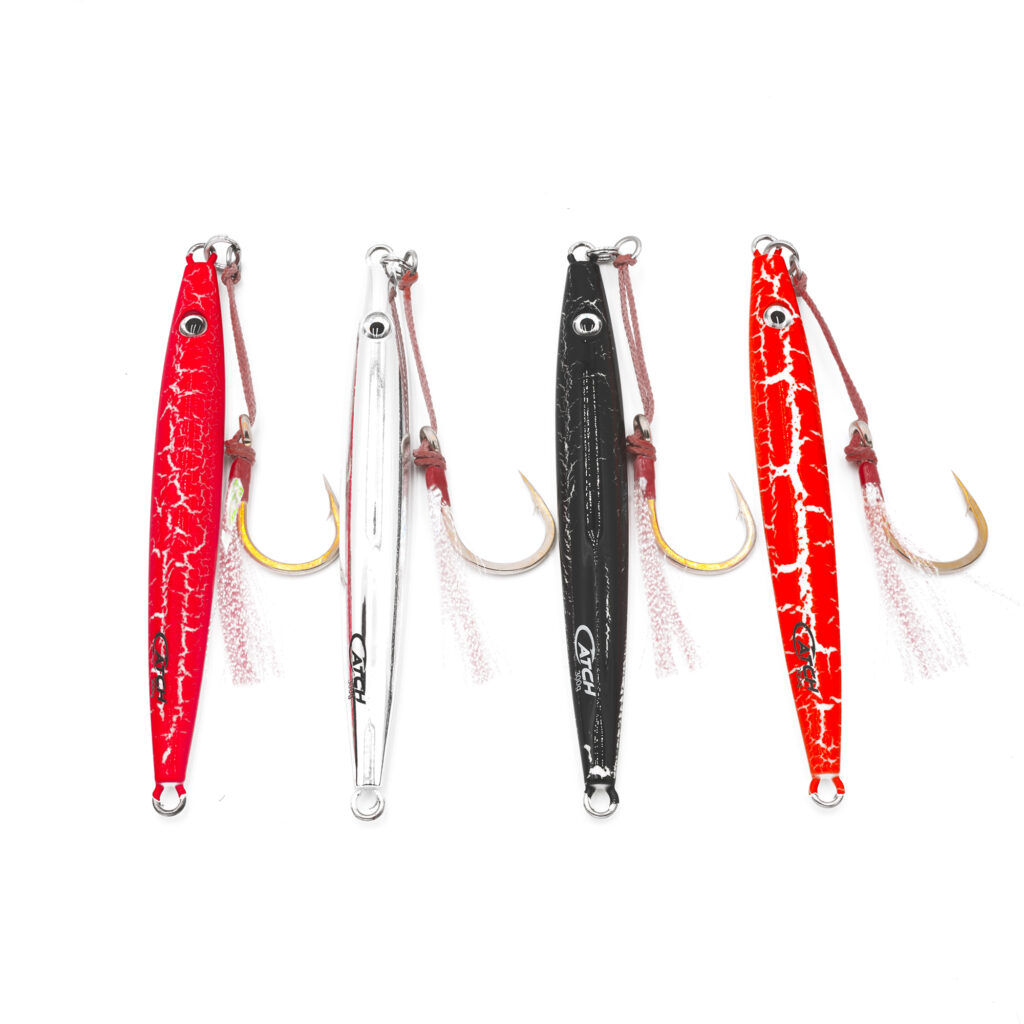Feast your eyes on the ultimate quartet of fishing brilliance—introducing the "Catch The Joker Longfall Jig" lures. Dressed to impress in striking shades of red, white, black, and silver, these bad boys are ready to elevate your angling game. Set against a crisp white backdrop, each lure comes armed with razor-sharp barbed hooks designed to help you reel in that next trophy catch with style and ease. Get ready to unlock the waters' secrets!.