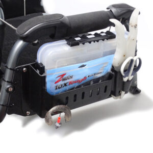 Introducing the black storage rack from the Prison Pocket with Vantage Chair Adaptor—a game-changer for your fishing adventures. This sleek and sturdy rack is designed to keep you organized on the water, holding your tackle box and ensuring easy access to all your essentials, like those trusty white-handled tools and metal scissors. Plus, for those quick lure changes, it’s got a nifty spot for your fishing lure with that razor-sharp hook dangling just beneath it. Upgrade your gear management today!.