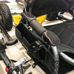 Get ready to elevate your ride’s comfort and style! Check out this sleek black wheelchair, equipped with ergonomic hand grips and a comfy mesh seat. And the real game-changer? The BerleyPro Vantage Bro Adaptor perched perfectly at its heart. All set against a crisp white backdrop, it's more than just mobility—it’s an experience!.