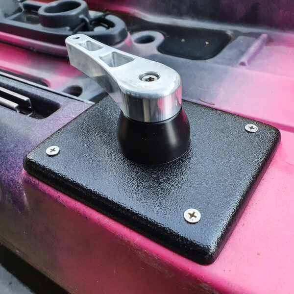 Introducing the rock-solid Native Watercraft Slayer 10/13/Manta Upgraded Aluminium Handle and Bush! This bad boy boasts a sleek metallic swivel mount set atop a rugged textured black rectangular base. With four sturdy screws keeping it all secure, it's as solid as they come. The bold contrast of its pink and black surface not only demands attention but elevates your ride to the next level of style and functionality. Get ready to make some waves!.