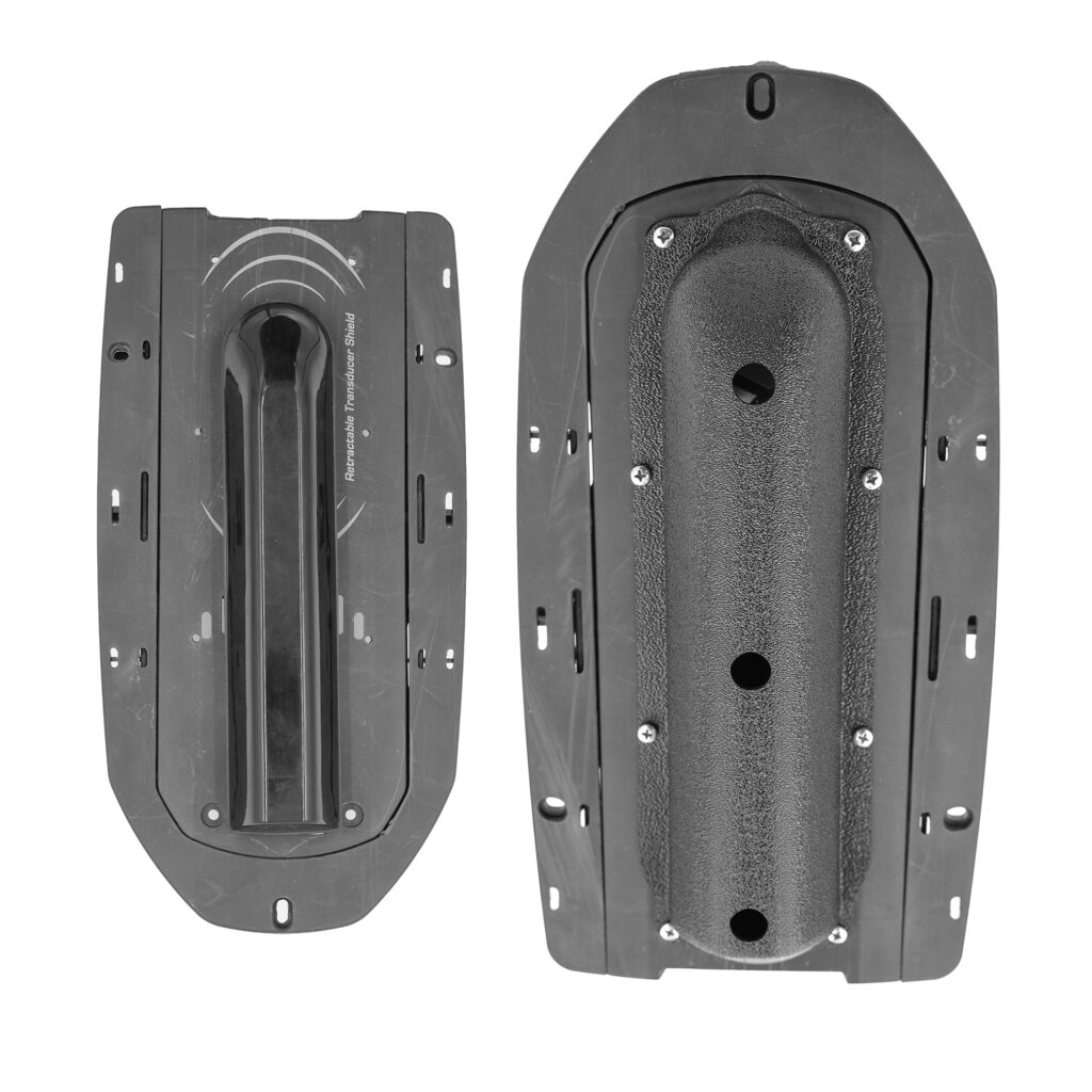 Check out these sleek black plastic kayak seats, expertly designed with a variety of slots for easy attachment. Perfectly engineered to accommodate the BerleyPro Hobie Guardian Lowrance ActiveImaging HD 3-in-1 FishReveal Transducer Cover, they promise seamless integration and top-notch functionality. Shot from underneath against a crisp white backdrop, they're ready to elevate your on-water adventures!.