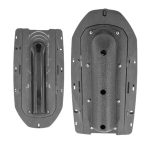 Check out these sleek black plastic kayak seats, expertly designed with a variety of slots for easy attachment. Perfectly engineered to accommodate the BerleyPro Hobie Guardian Lowrance ActiveImaging HD 3-in-1 FishReveal Transducer Cover, they promise seamless integration and top-notch functionality. Shot from underneath against a crisp white backdrop, they're ready to elevate your on-water adventures!.