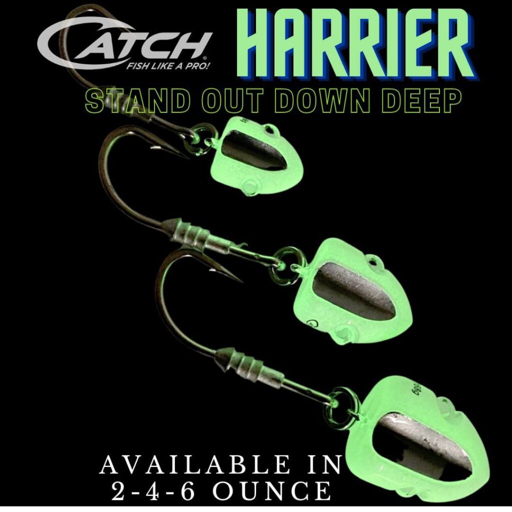 Dive into action with the Catch The Harrier Elevator Jig Heads, designed to "Stand Out Down Deep" with their striking three green hooks. Available in 2, 4, and 6 ounces, these jig heads are perfect for those anglers ready to make an unforgettable impact below the surface. Get ready to elevate your game underwater!.