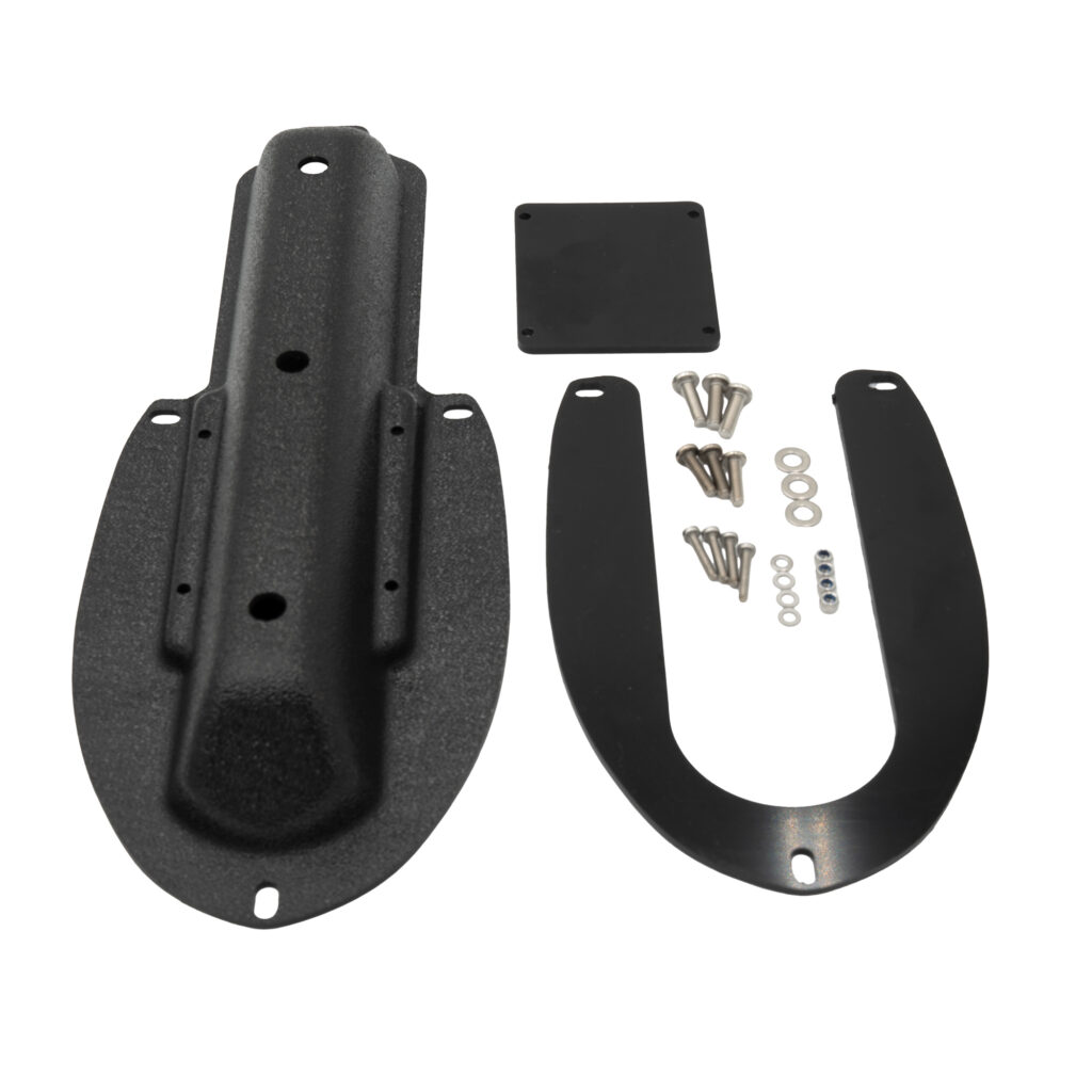 Check out this sleek black metal motorcycle tail tidy kit that comes with everything you need: bracket, screws, washers, and an extra black plate—all set against a crisp white background. It's the perfect match for biking enthusiasts looking to pair it with their Lowrance EAGLE Triple Shot Ready Transducer Mount. Get ready to ride in style!.