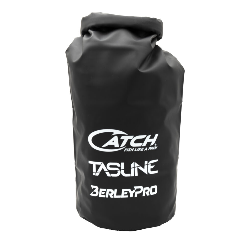 Introducing the ultimate in waterproof storage—our sleek, black dry bag decorated with standout white logos and text for "Catch," "Tasline," and the premier name in gear innovation, "BerleyPro." Built to handle any adventure, this bag is not just about function; it's about making a statement while doing so.