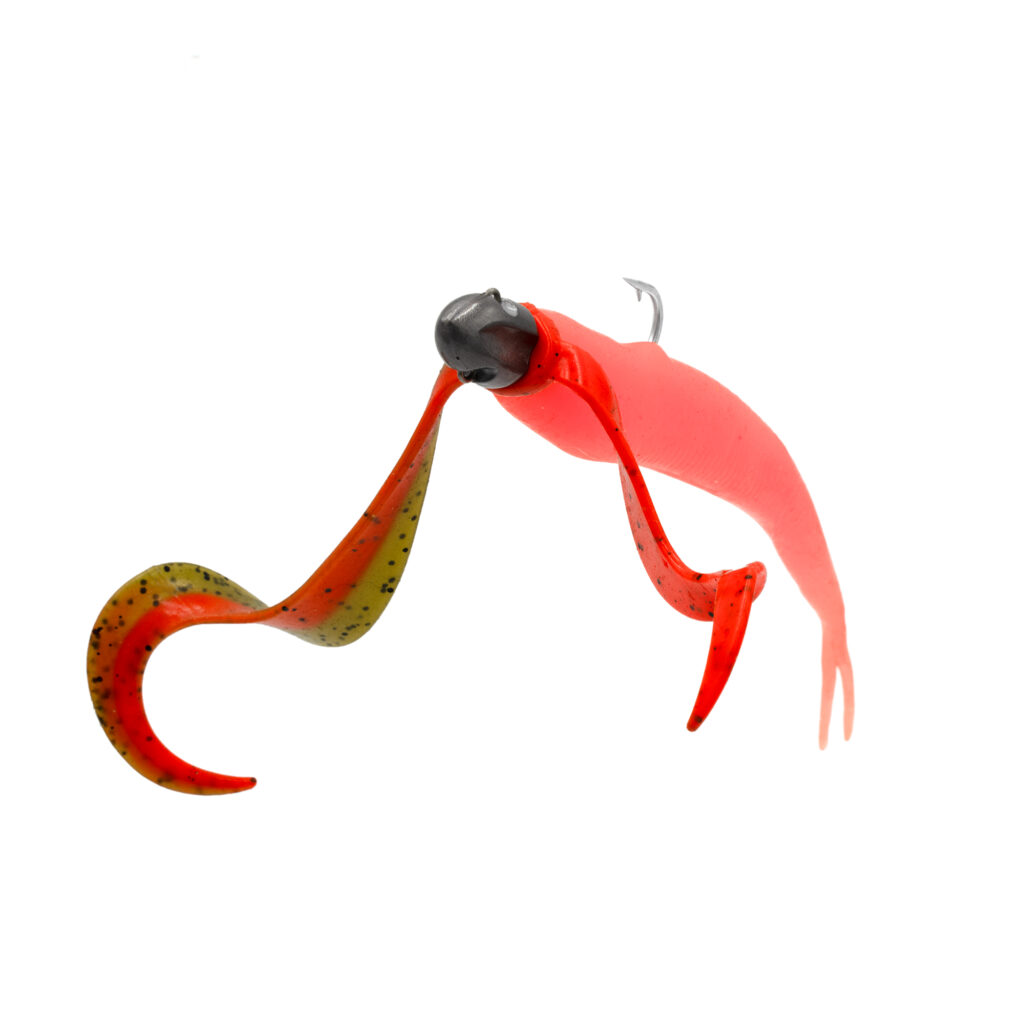 Check out the Catch Black Label Livies Water Wings lure! Rocking vibrant red and orange colors, this bad boy is designed with two curly tails and a solid hook to grab any fish's attention. It's not just all flash either; sleek, efficient, and downright irresistible against a white backdrop. Perfect for those serious fishing escapades!.