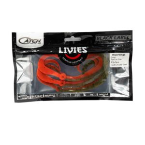 Get ready to revolutionize your fishing experience with the Catch Black Label Livies Water Wings package, courtesy of Marty style straight from www.berleypro.com! Dive into a world where orange and speckled soft bait lures reign supreme. Flaunting the proud "Catch Black Label," these lures come loaded with UV and Glow features, sporting that mesmerizing "Ton Ten Glow" color. Perfect for taking your fishing attraction to legendary levels!.